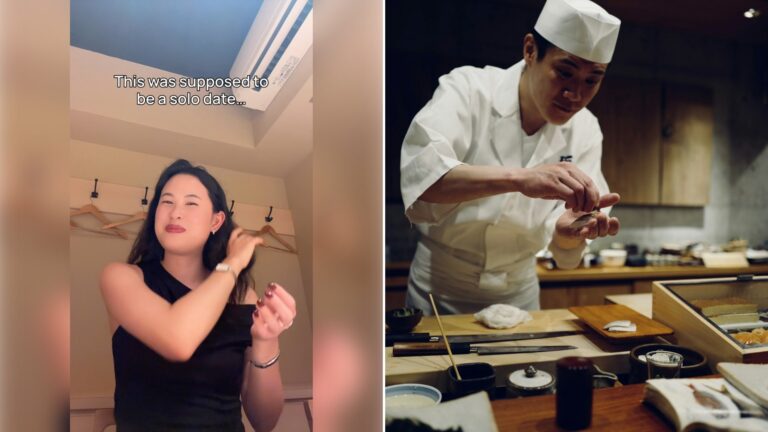 Left: cover still from an Instagram reel by @time.w.toni. Right: a sushi chef in Tokyo (Unsplash photo by Thomas Marban).