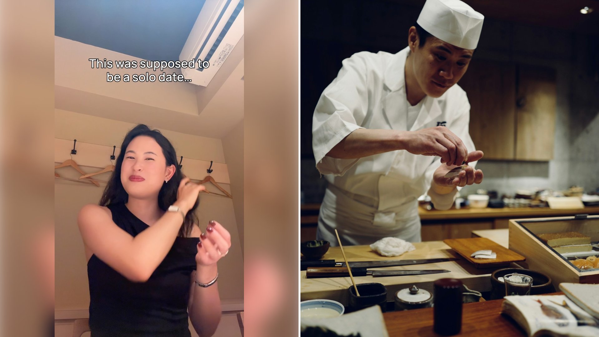 Left: cover still from an Instagram reel by @time.w.toni. Right: a sushi chef in Tokyo (Unsplash photo by Thomas Marban).