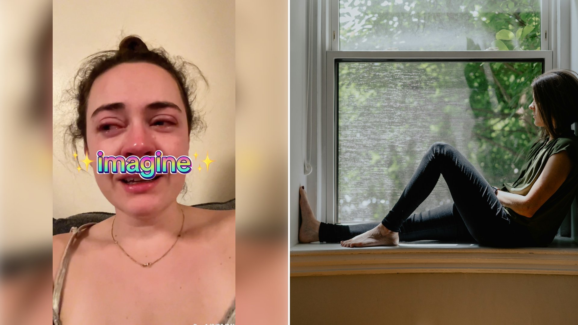 Left: cover still from an Instagram reel by @spritely. Right: a woman sitting on a window sill (Unsplash photo by Kelly Sikkema).