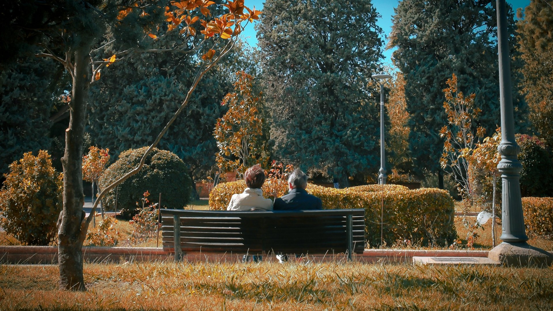 Two people sitting on a bench in a park. Photo by Stephanie Barbour on Unsplash.