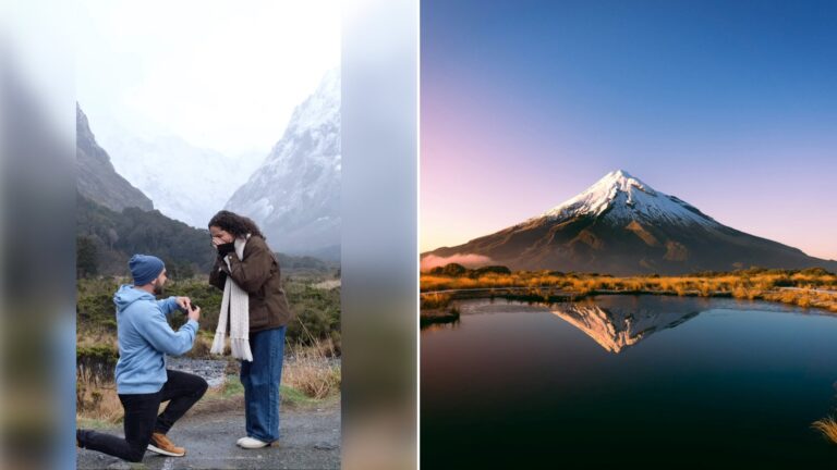 Left: cover still from an Instagram reel by @. Right: Mount Taranaki reflected in a still tarn under a clear sky in New Zealand (Unsplash photo by Sophie Turner).