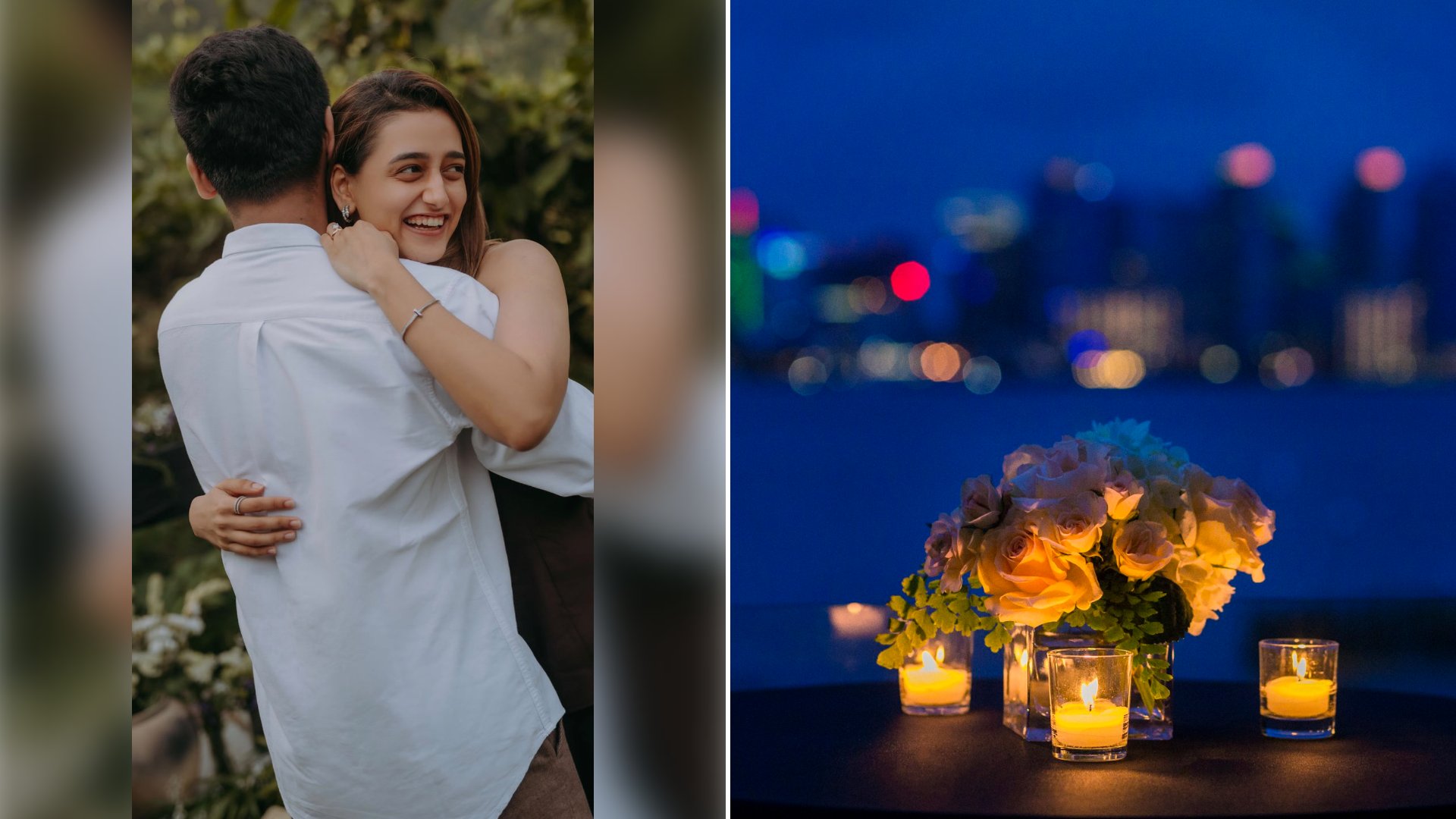 Left: cover still from an Instagram reel by @. Right: White roses in a vase beside three lit tealight candles on a round wooden table (Unsplash photo by Lon Christensen).