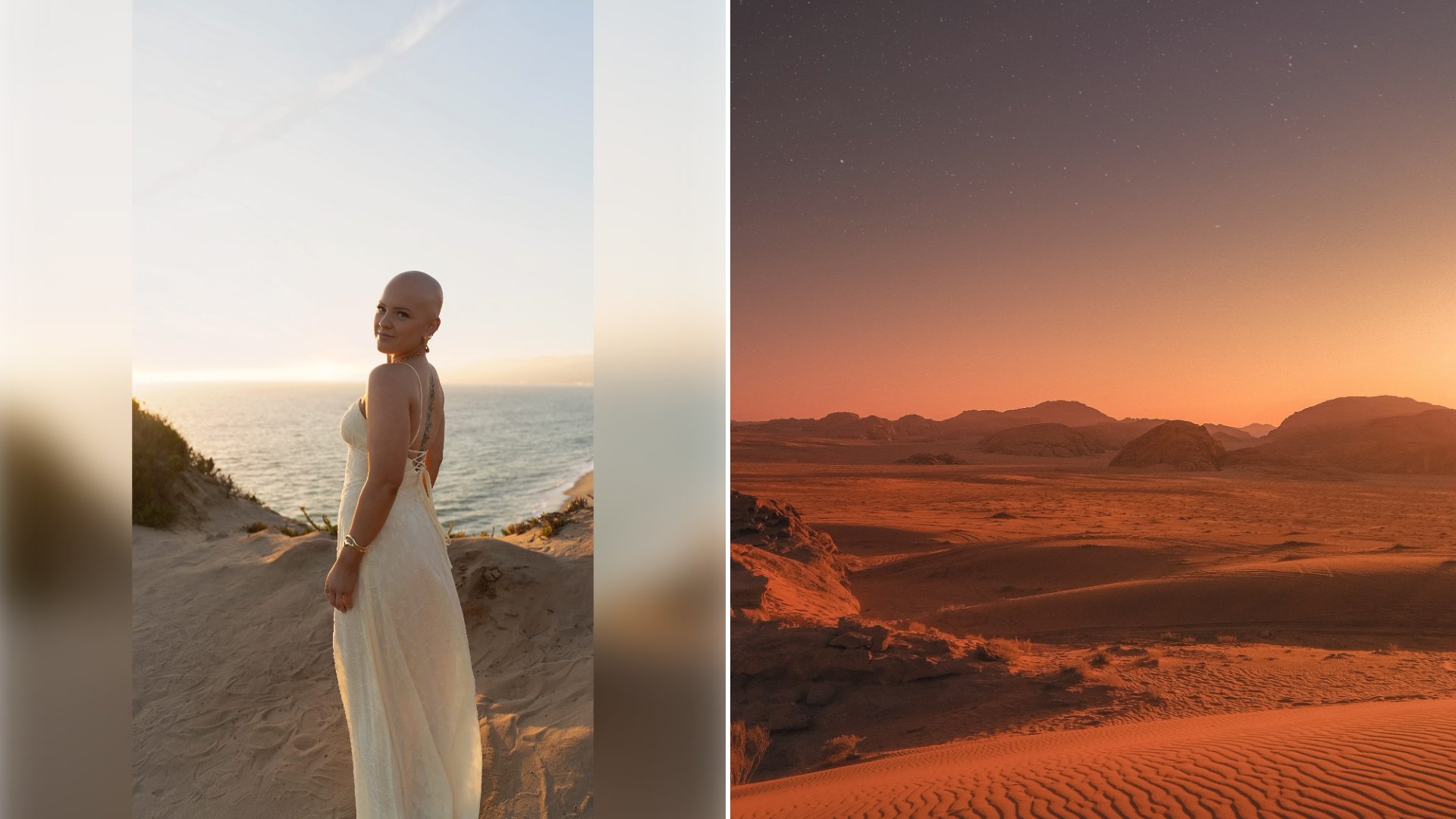 Left: cover still from an Instagram reel by @. Right: Sand dunes in warm orange light under a blue sky (Unsplash photo by Daniele Colucci).