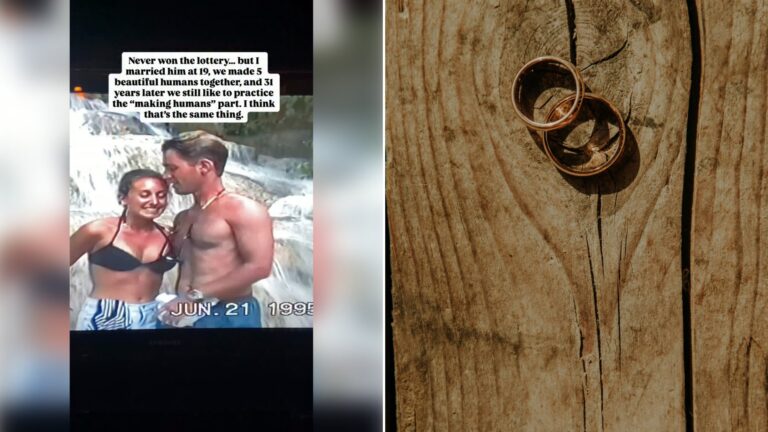 Left: cover still from an Instagram reel by @. Right: Two wedding rings resting on a piece of wood (Unsplash photo by Rhamely).
