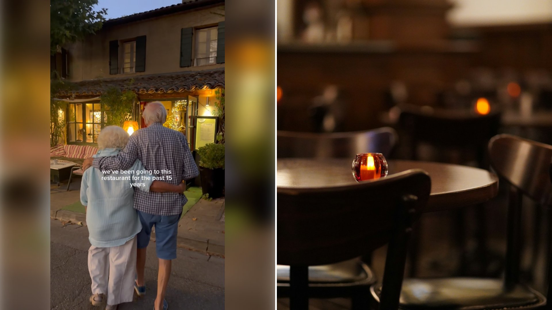 Left: cover still from an Instagram reel by @. Right: A candle burning on a restaurant table in warm low light (Unsplash photo by Yosuke Ota).