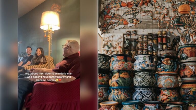Left: cover still from an Instagram reel by @. Right: Assorted colorful clay pots arranged together (Unsplash photo by Sidney Pearce).