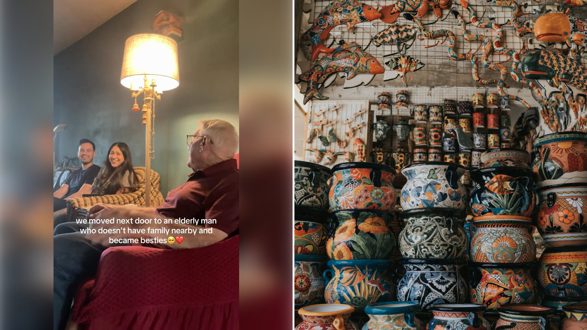 Left: cover still from an Instagram reel by @. Right: Assorted colorful clay pots arranged together (Unsplash photo by Sidney Pearce).