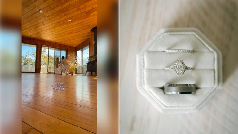 Left: cover still from an Instagram reel by @. Right: A diamond engagement ring in a white velvet box (Unsplash photo by Jennifer Kalenberg).