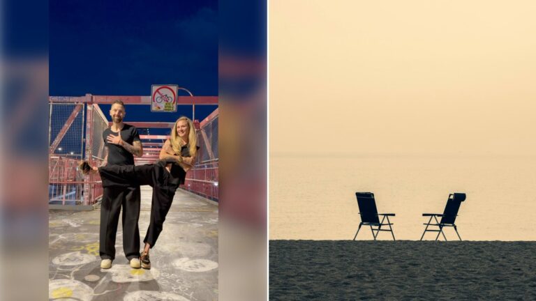 Left: cover still from an Instagram reel by @. Right: Two empty folding chairs side by side on a beach (Unsplash photo by engin akyurt).