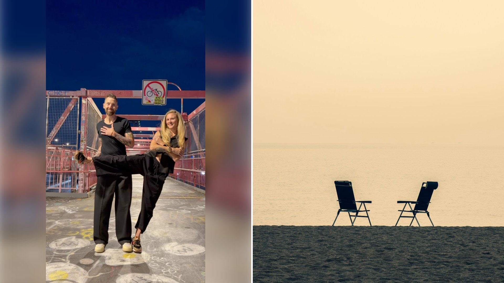Left: cover still from an Instagram reel by @. Right: Two empty folding chairs side by side on a beach (Unsplash photo by engin akyurt).
