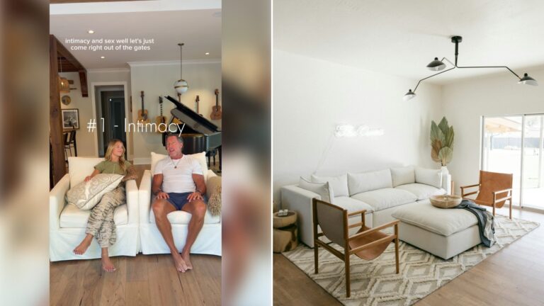 Left: cover still from an Instagram reel by @. Right: A white sofa next to a brown wooden chair in a bright room (Unsplash photo by Jakob Owens).