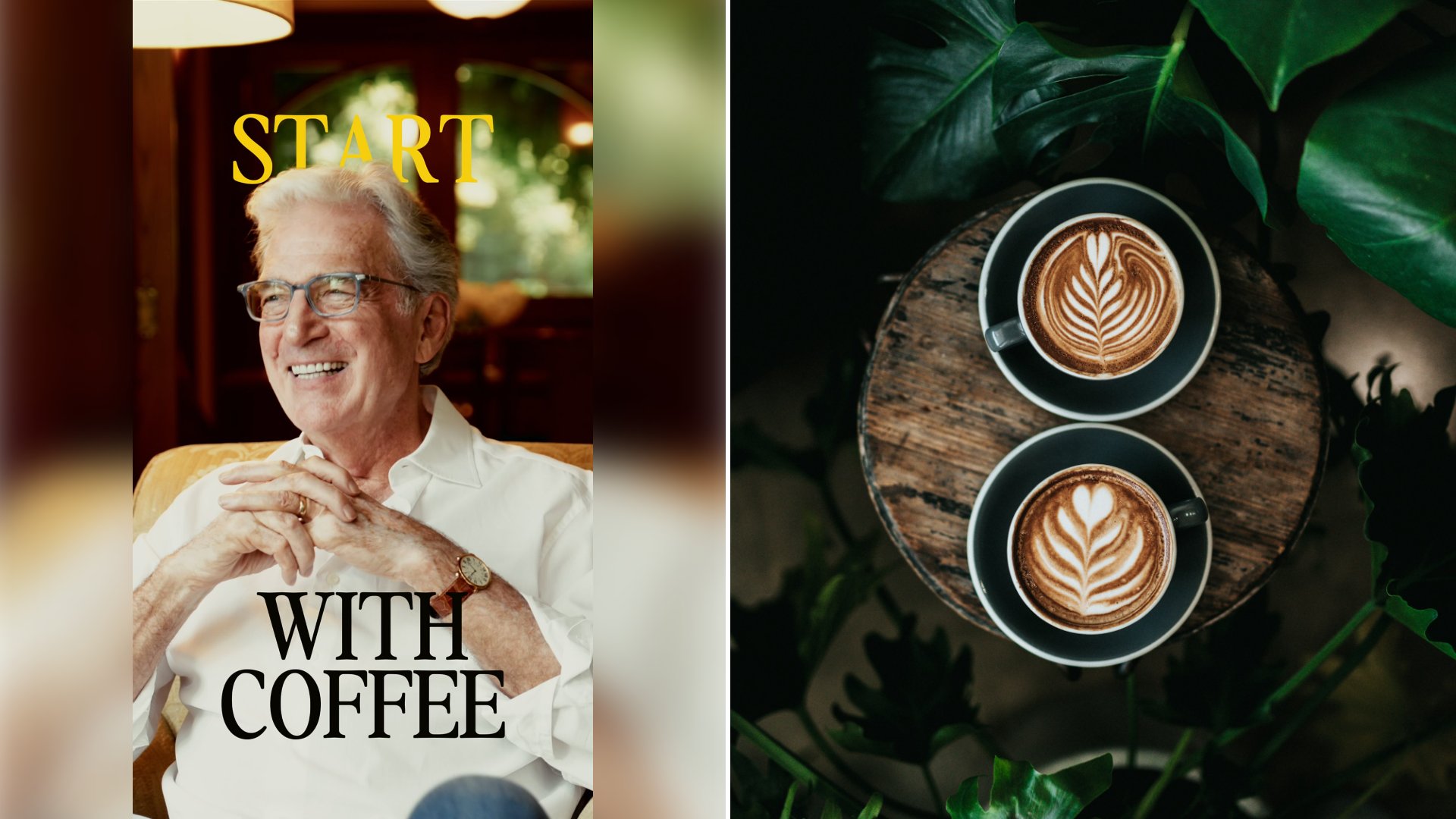 Left: cover still from an Instagram reel by @. Right: Two green mugs of coffee seen from above (Unsplash photo by Nathan Dumlao).