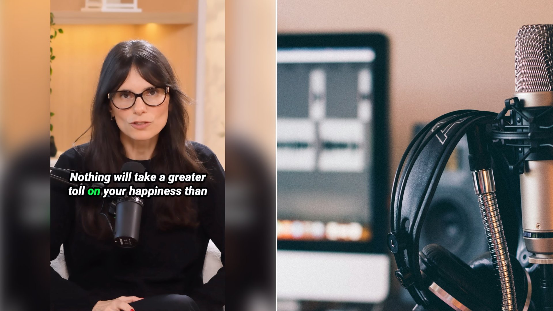 Left: cover still from an Instagram reel by @. Right: A podcasting setup with a studio microphone and headphones on a desk (Unsplash photo by Will Francis - AI & Marketing).
