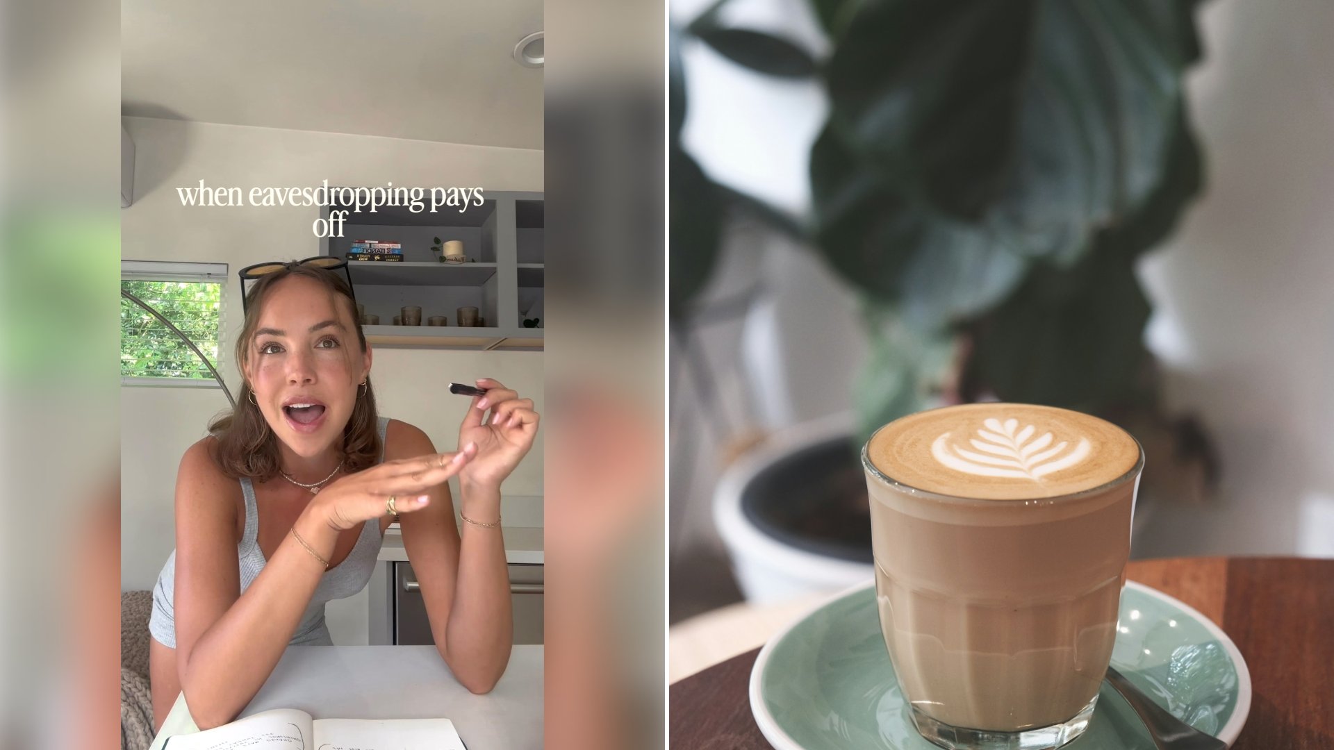 Left: cover still from an Instagram reel by @. Right: A cup of coffee with latte art on a cafe table (Unsplash photo by Lex Sirikiat).