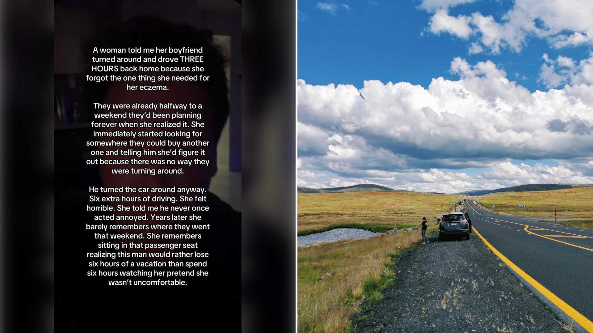 Left: cover still from an Instagram reel by @. Right: A black car on an alpine road under a blue sky with white clouds (Unsplash photo by Mariya Tarakhnenko).