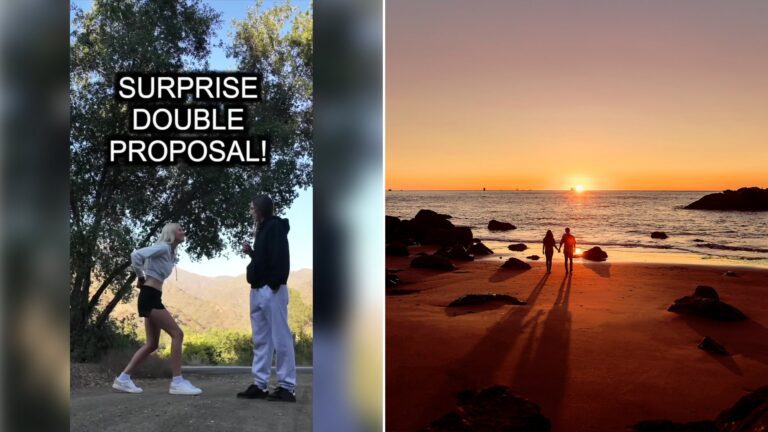 Left: cover still from a TikTok video by @missrballer1. Right: Silhouette of a couple holding hands on a beach at sunset (Unsplash photo by Joshua Earle).