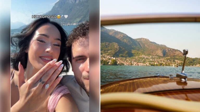 Left: cover still from a TikTok video by @itsxileyo. Right: A lakeside town on Lake Como seen through the windscreen of a speedboat (Unsplash photo by Chris Boland).