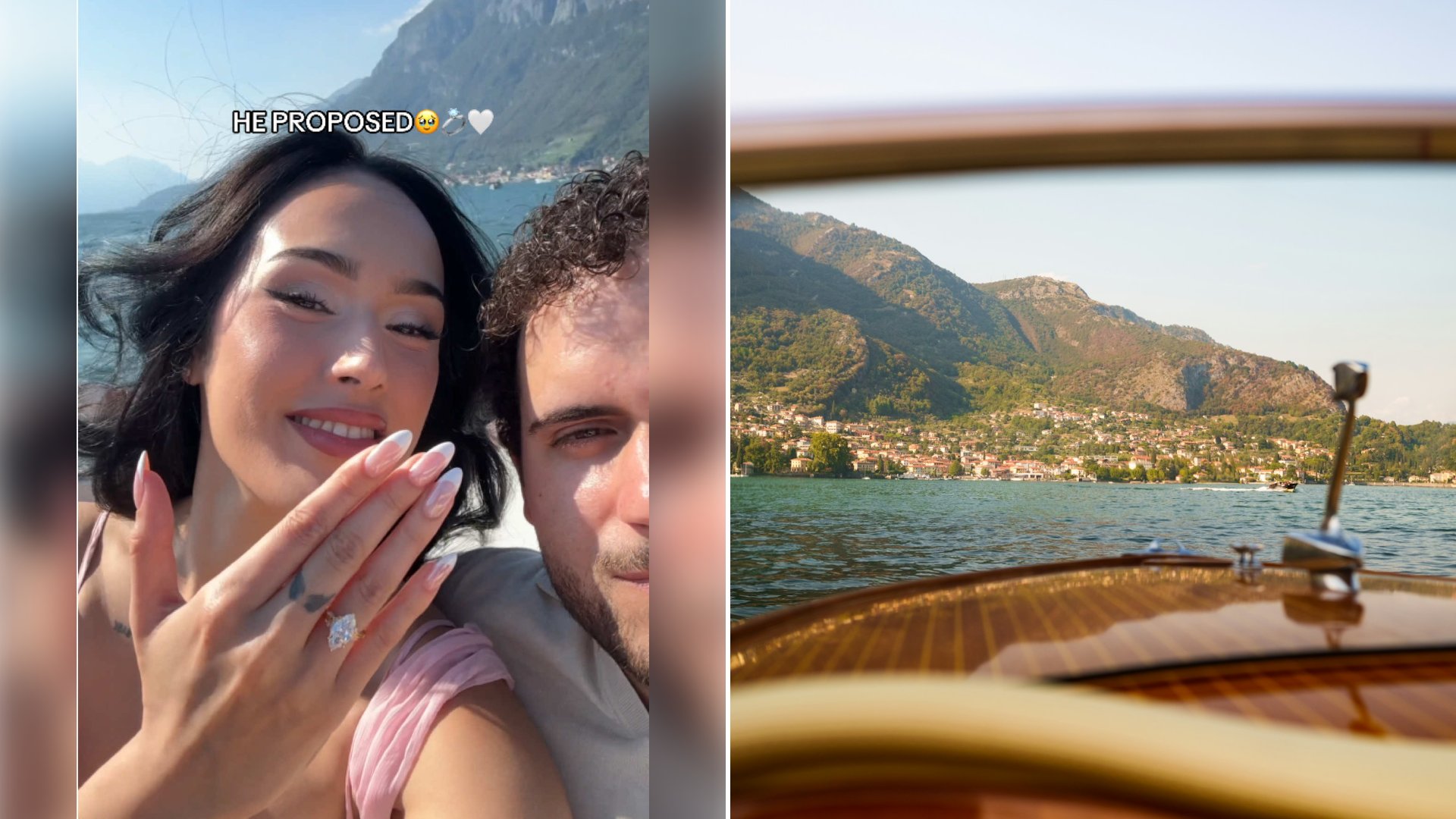 Left: cover still from a TikTok video by @itsxileyo. Right: A lakeside town on Lake Como seen through the windscreen of a speedboat (Unsplash photo by Chris Boland).