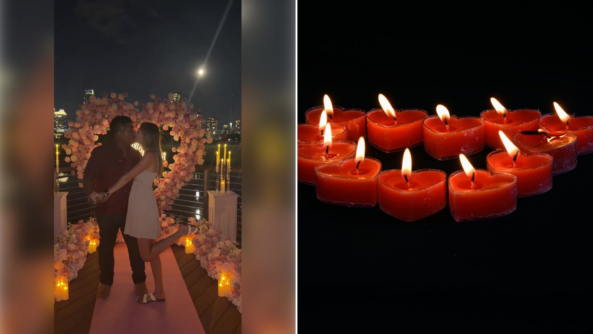 Left: cover still from a TikTok video by @bethany_espinoza. Right: Lit candles arranged in the shape of a heart (Unsplash photo by Townsend Walton).