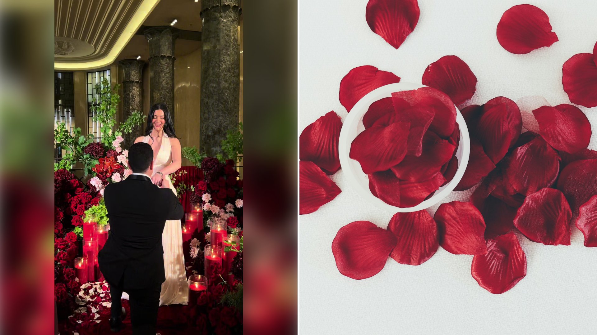 Left: cover still from a TikTok video by @yehthetash. Right: Red rose petals scattered on a white surface (Unsplash photo by Debby Hudson).