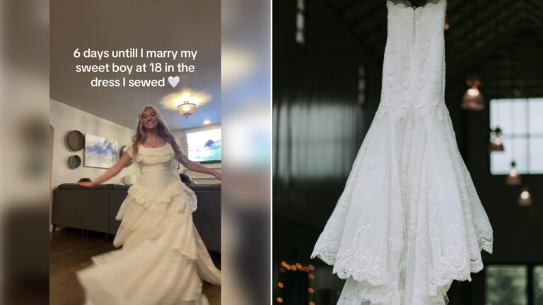 Left: cover still from a TikTok video by @emmajanesdreamdress. Right: A white strapless wedding dress hanging on a clothes hanger (Unsplash photo by Samantha Gades).