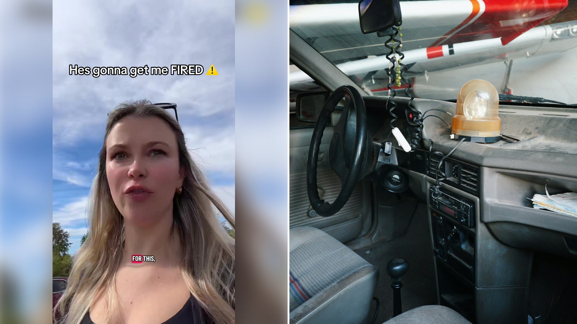 Left: cover still from a TikTok video by @thespicygworl. Right: The interior of an old car with airplanes visible in the background (Unsplash photo by Filip Živaljić).