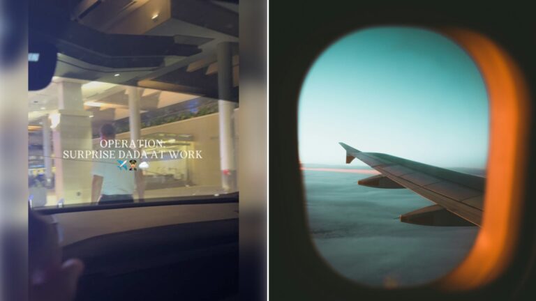 Left: cover still from a TikTok video by @nicole_pete_. Right: An airplane wing seen through a glass window (Unsplash photo by William Bayreuther).
