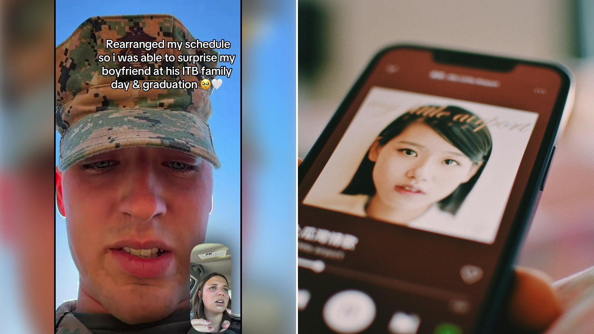 Left: cover still from a TikTok video by @_lils2028. Right: A hand holding a smartphone showing a video call on its screen (Unsplash photo by Maccy).