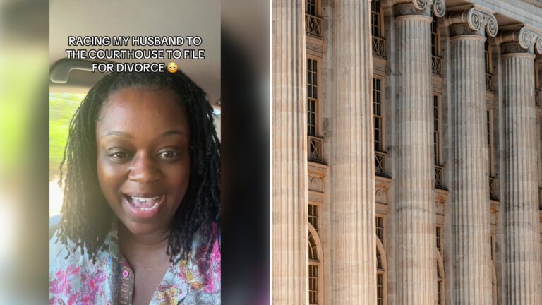 Left: cover still from a TikTok video by @tiffanynicoleofficial. Right: A large courthouse-style building with columns and a clock on its front (Unsplash photo by Colin Lloyd).