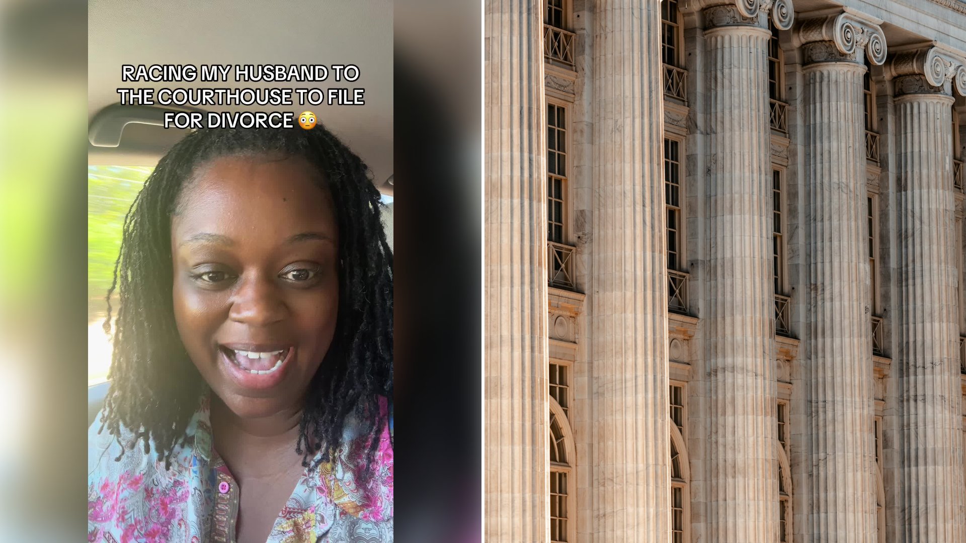 Left: cover still from a TikTok video by @tiffanynicoleofficial. Right: A large courthouse-style building with columns and a clock on its front (Unsplash photo by Colin Lloyd).