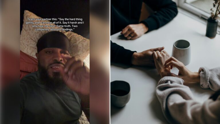 Left: cover still from a TikTok video by @thebeeingtony. Right: Two people holding hands across a table (Unsplash photo by Priscilla Du Preez).