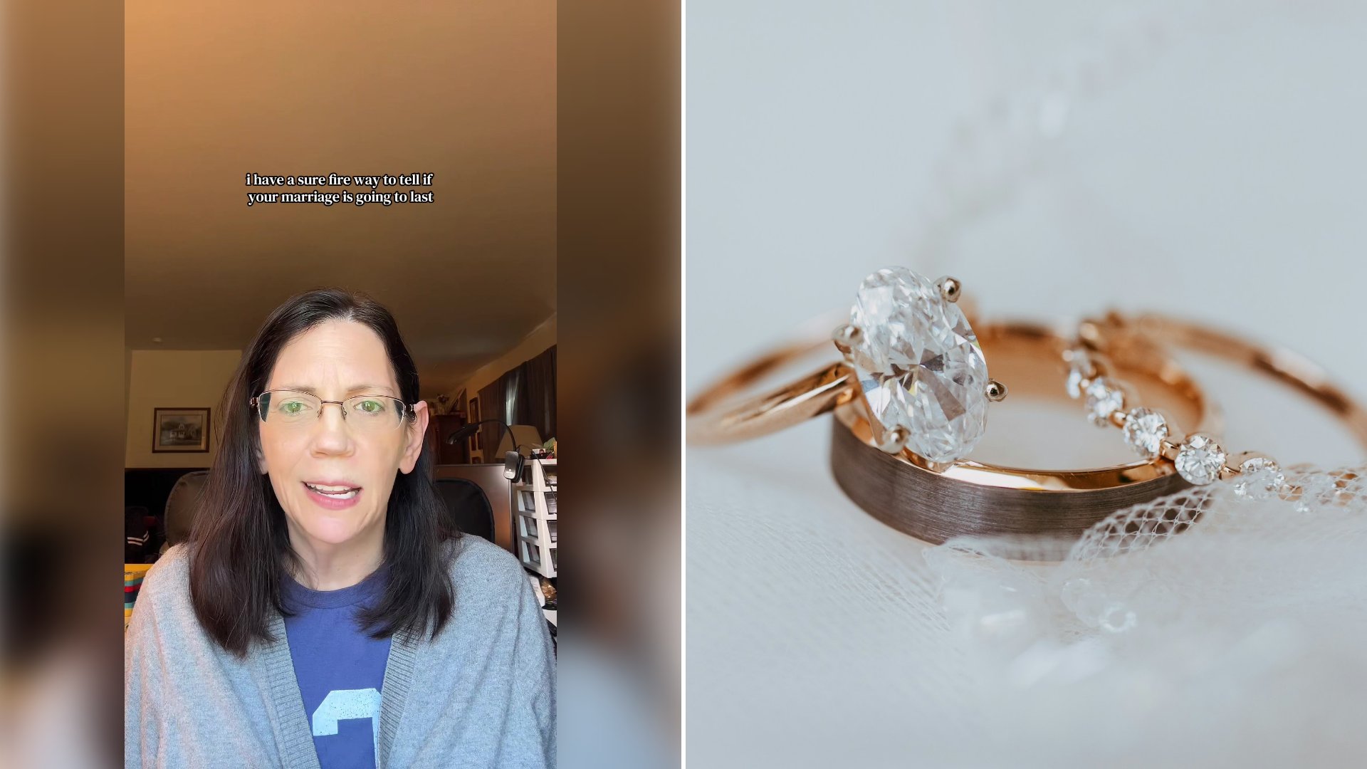 Left: cover still from a TikTok video by @mommom.maria. Right: A pair of wedding rings resting on a table (Unsplash photo by Erin Palos).