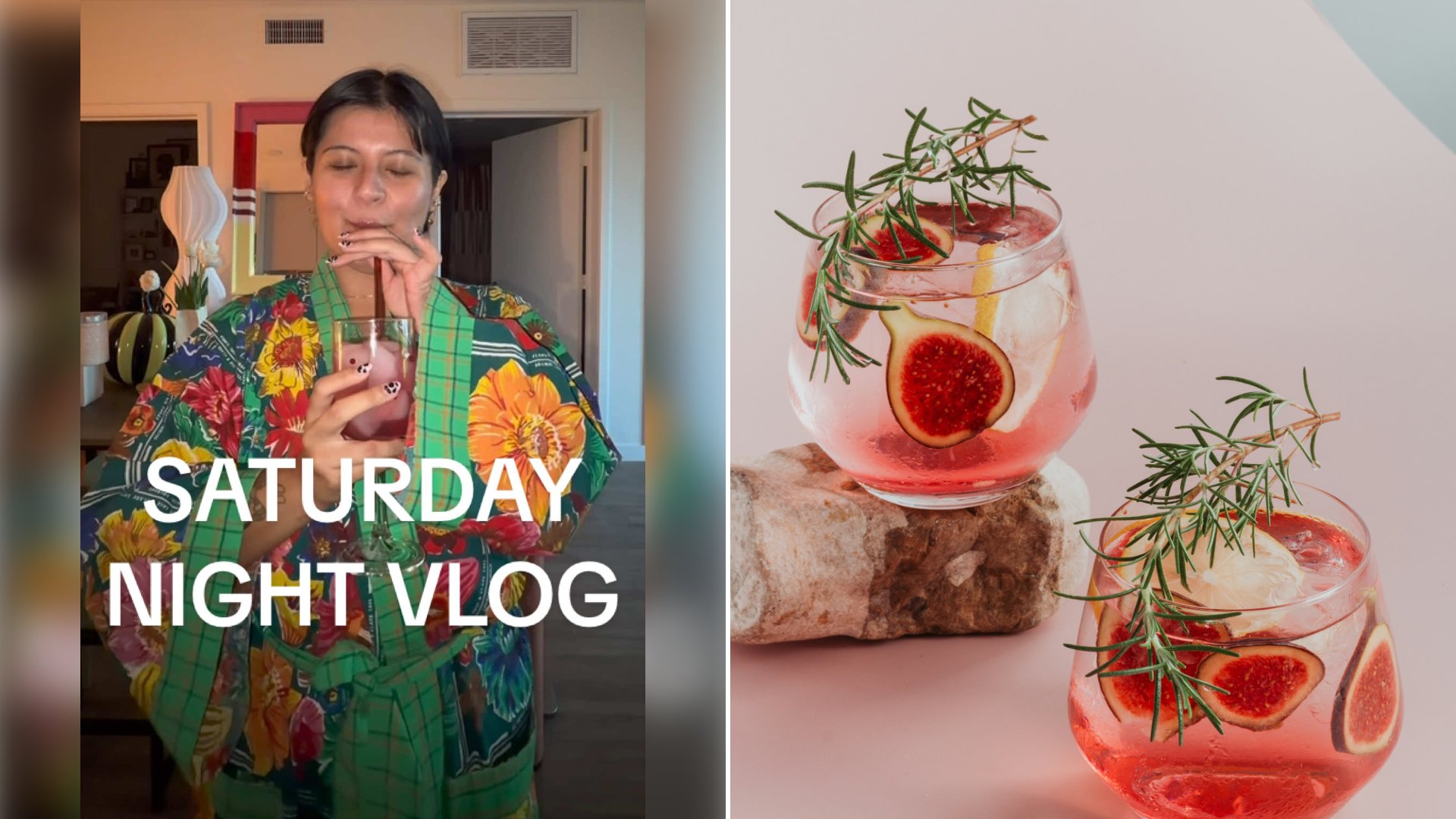 Left: cover still from a TikTok video by @jezacat. Right: A pinkish-red cocktail in a clear glass (Unsplash photo by Gaby Yerden).
