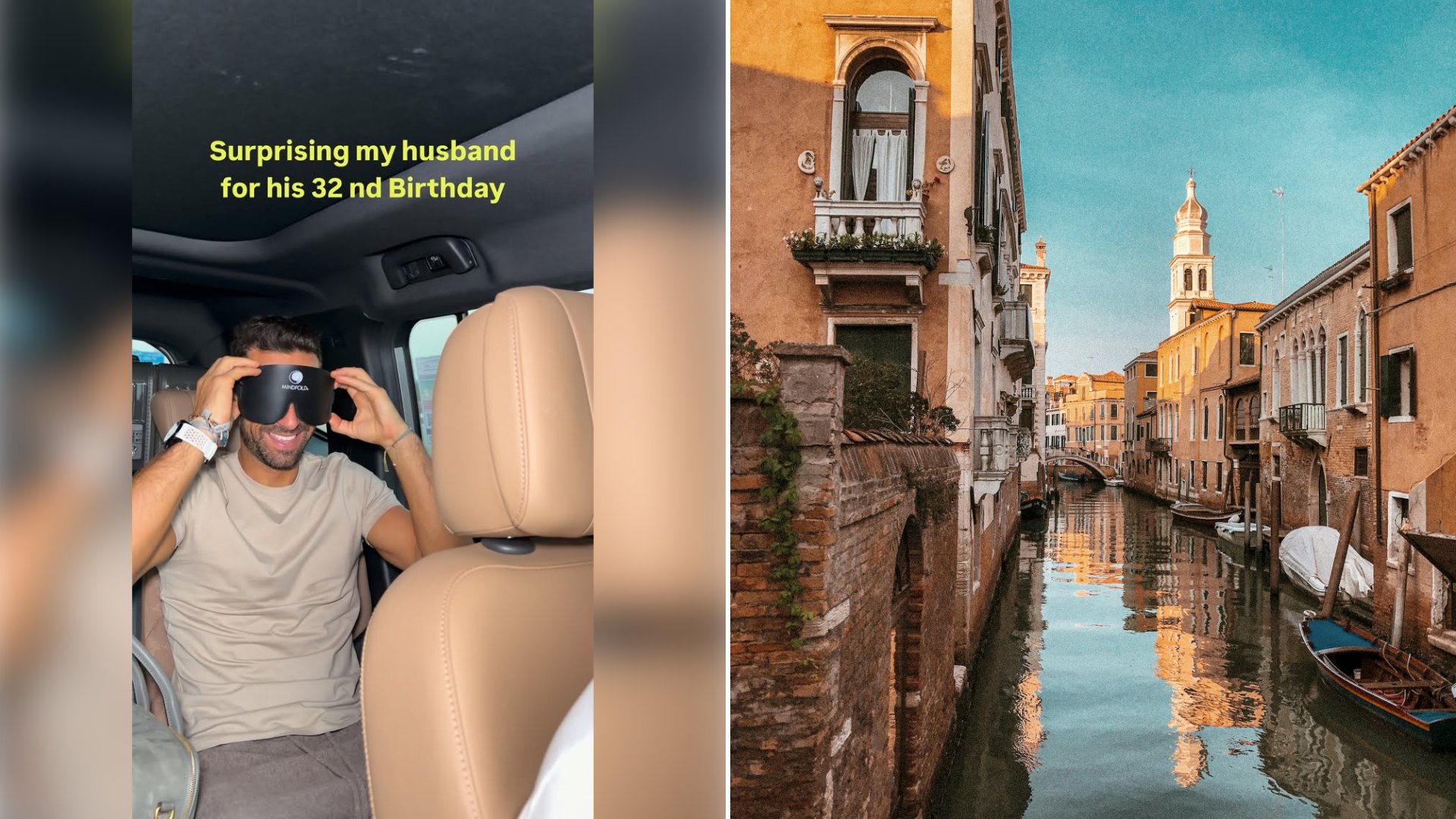 Left: cover still from an Instagram reel by @. Right: A Venice canal lined with historic buildings in autumn light (Unsplash photo by Ekaterina Zagorska).