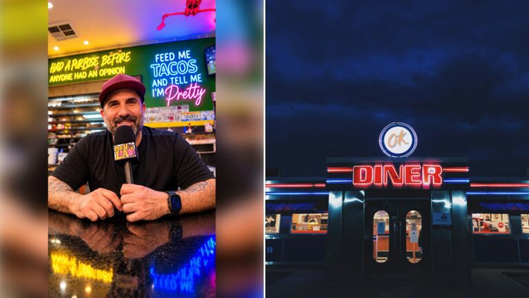 Left: cover still from an Instagram reel by @. Right: A bright LED diner sign lit up at night (Unsplash photo by Ash).