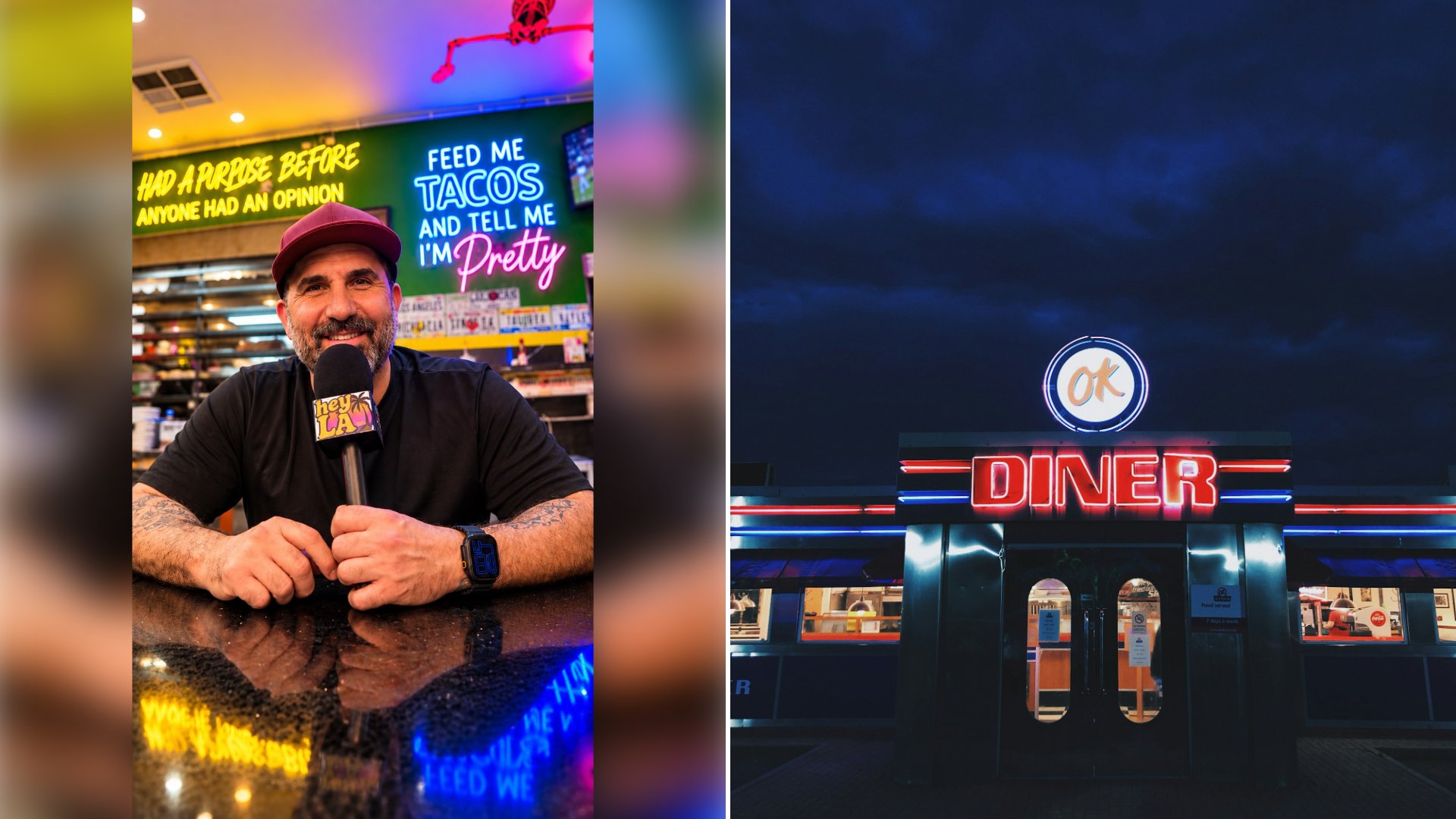 Left: cover still from an Instagram reel by @. Right: A bright LED diner sign lit up at night (Unsplash photo by Ash).