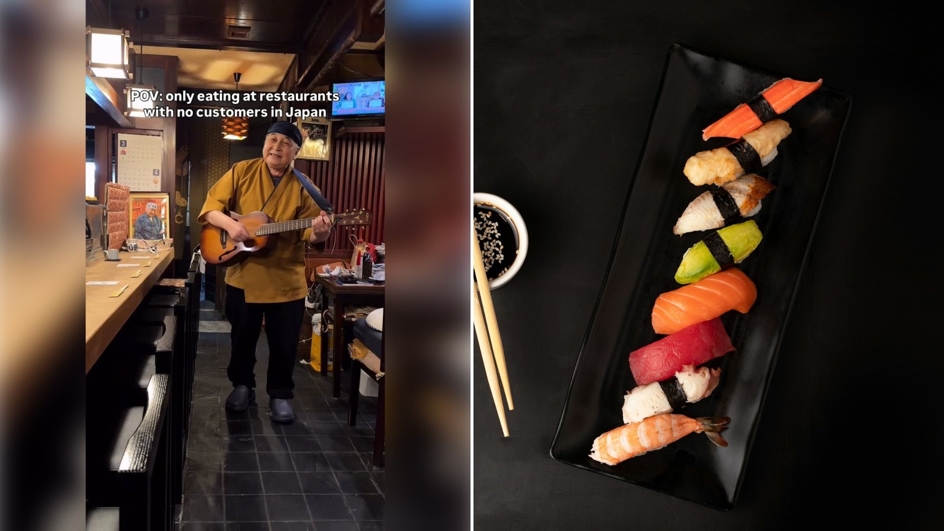 Left: cover still from an Instagram reel by @. Right: Sushi pieces arranged on a black square plate (Unsplash photo by Mahmoud Fawzy).