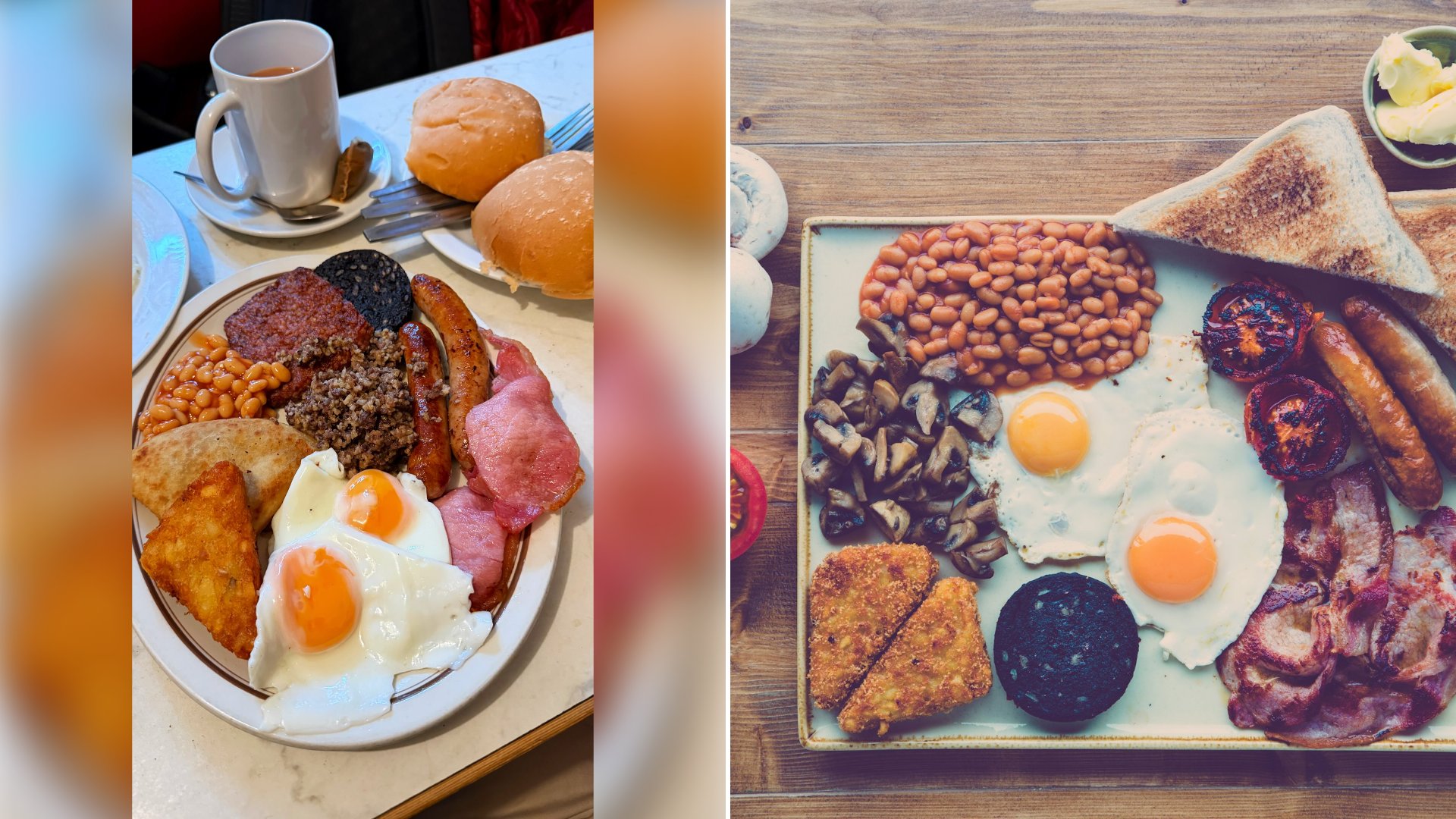 Left: cover still from an Instagram reel by @. Right: A classic full cooked breakfast with fried ham, egg, bread, beans and a tomato slice (Unsplash photo by Jonathan Farber).