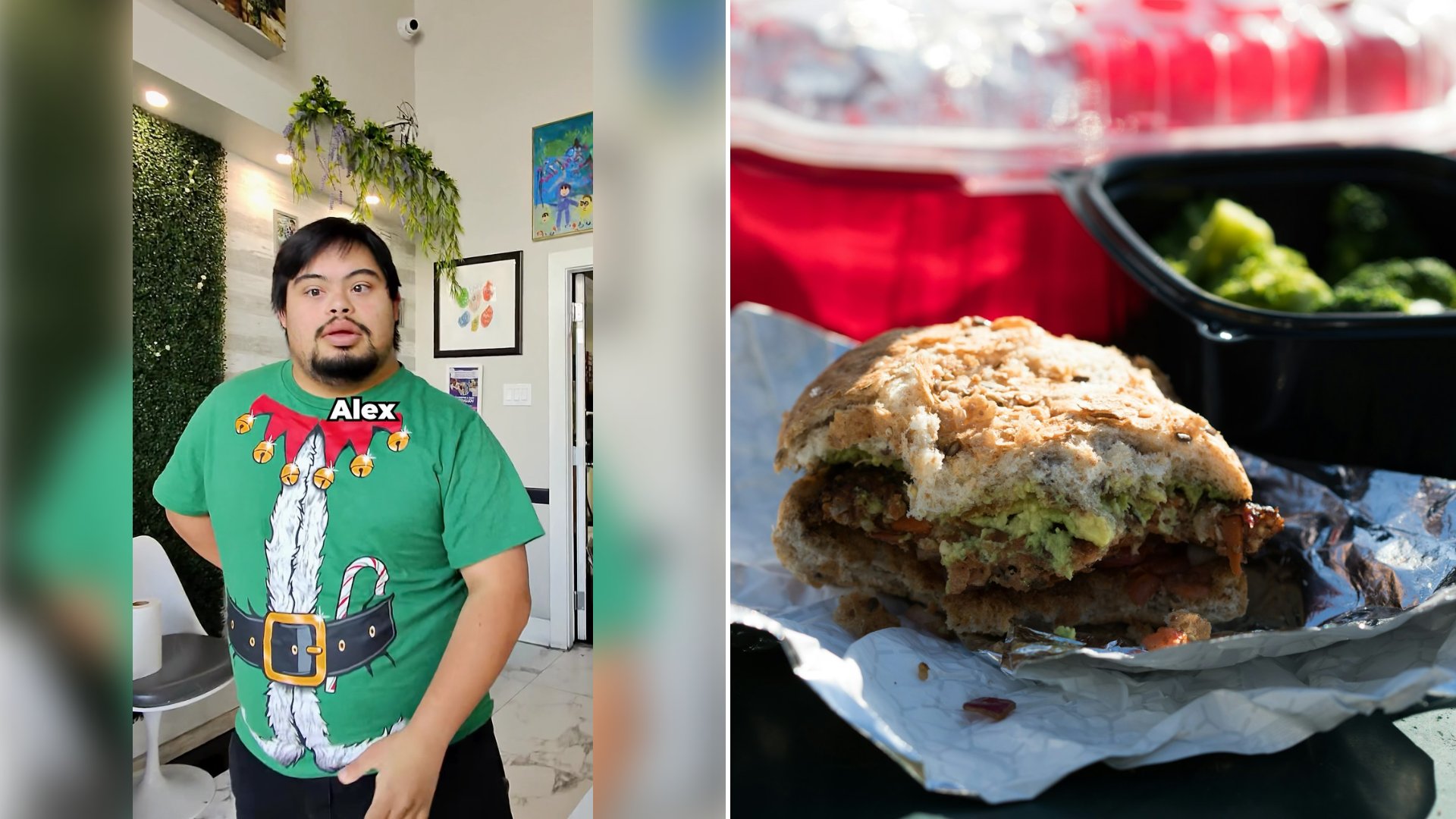 Left: cover still from an Instagram reel by @. Right: A sandwich sitting on a sheet of tin foil (Unsplash photo by Caroline Ross).