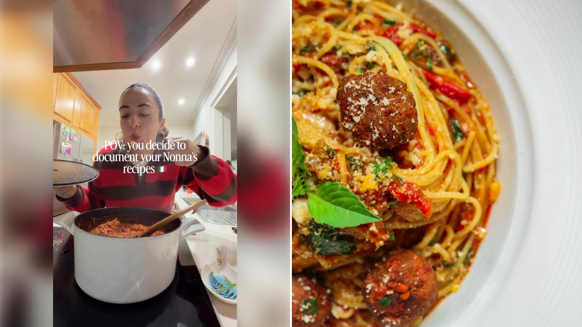 Left: cover still from an Instagram reel by @. Right: A white plate of spaghetti topped with meatballs (Unsplash photo by Mina Rad).