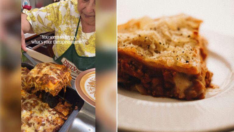 Left: cover still from an Instagram reel by @. Right: A slice of lasagna on a white plate (Unsplash photo by Cosmin Ursea).