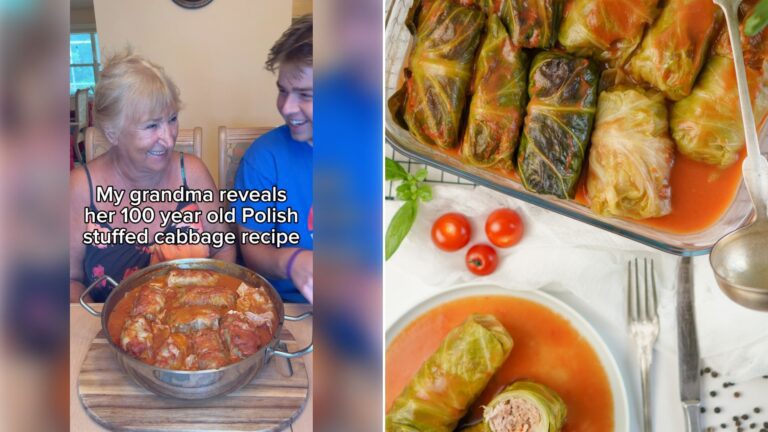 Left: cover still from an Instagram reel by @. Right: Stuffed cabbage rolls with minced meat and rice in tomato sauce on a white plate (Unsplash photo by Karolina Kołodziejczak).