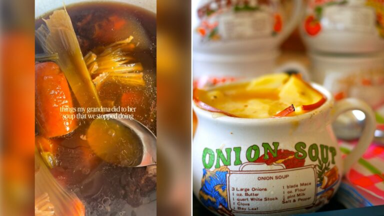 Left: cover still from an Instagram reel by @. Right: Onion soup served in a white and red ceramic mug (Unsplash photo by Leila Issa).