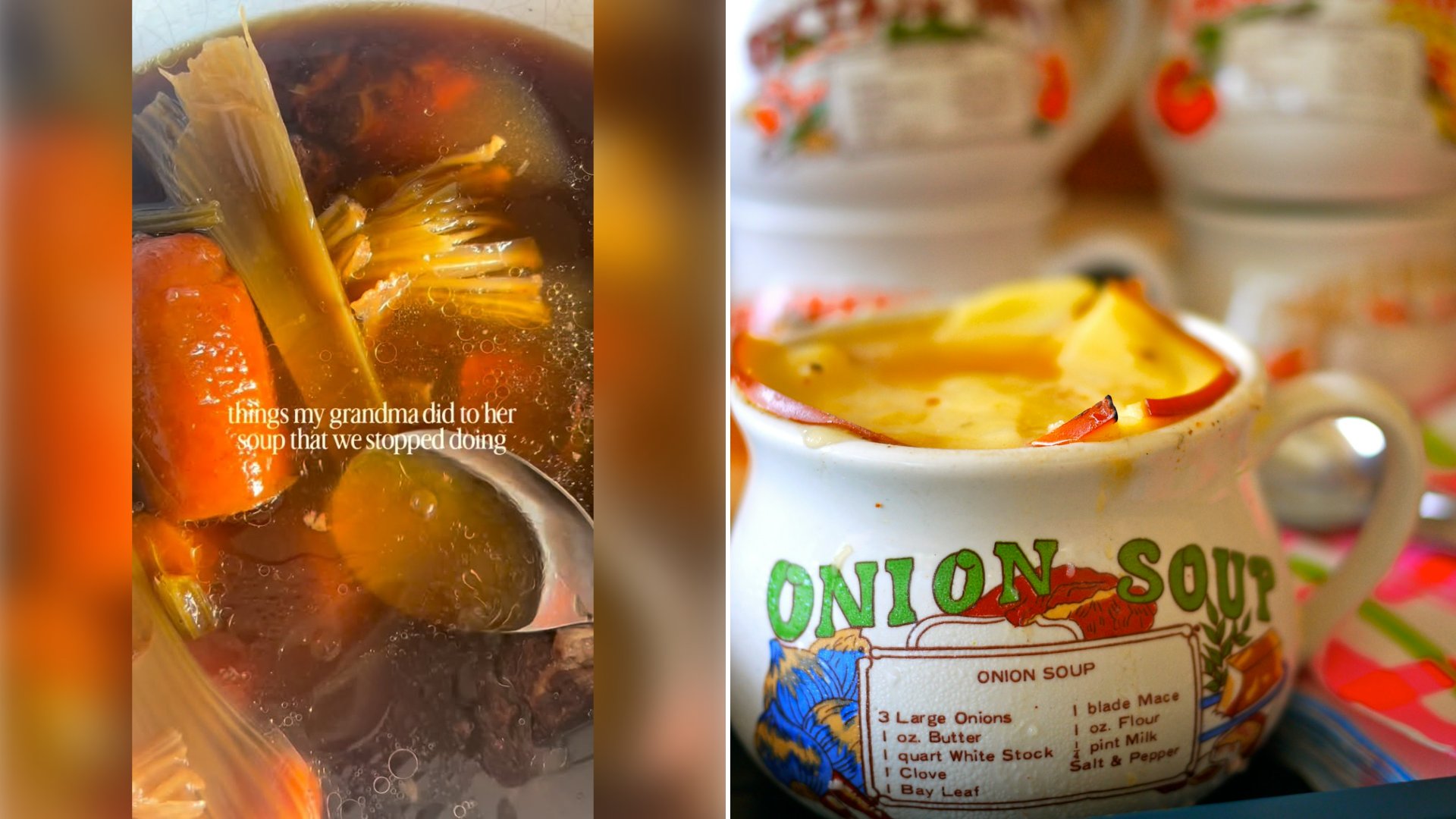 Left: cover still from an Instagram reel by @. Right: Onion soup served in a white and red ceramic mug (Unsplash photo by Leila Issa).