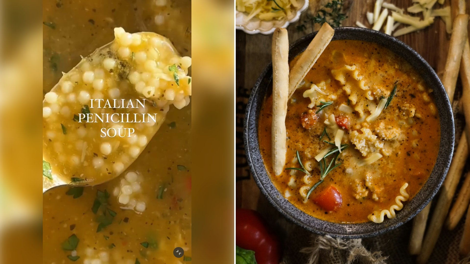 Left: cover still from an Instagram reel by @. Right: A bowl of pasta soup with a spoon in it (Unsplash photo by Corryn Burtenshaw).
