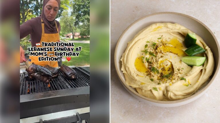 Left: cover still from an Instagram reel by @. Right: A bowl of creamy hummus topped with olive oil and cucumber (Unsplash photo by Andrea Niebuhr).