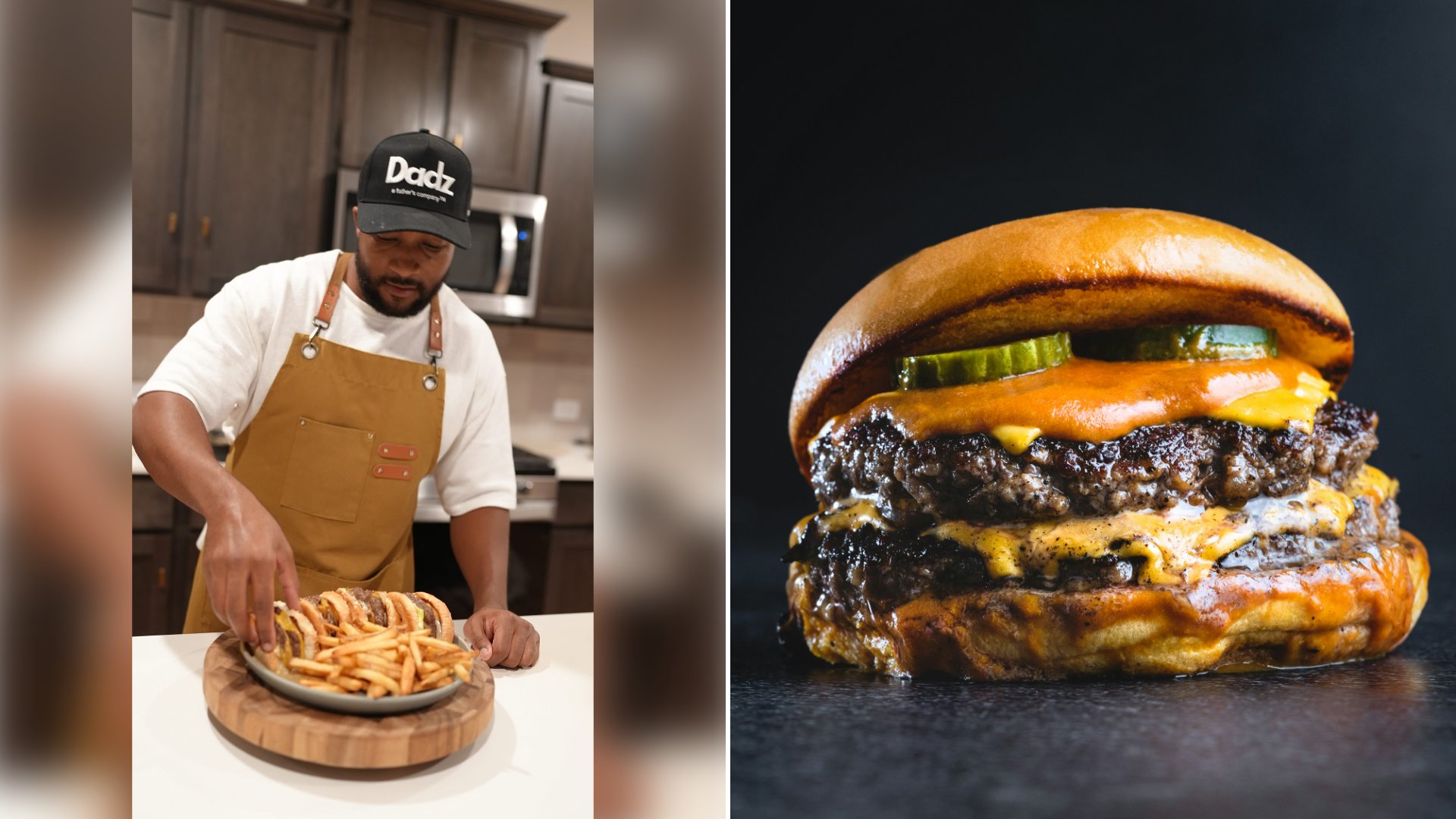 Left: cover still from an Instagram reel by @. Right: A double cheeseburger with pickles on a dark surface (Unsplash photo by Eiliv Aceron).