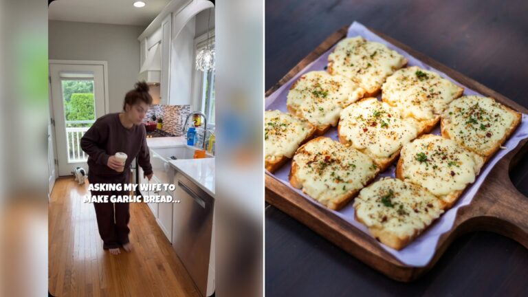 Left: cover still from an Instagram reel by @. Right: Garlic bread toasties on a brown wooden tray (Unsplash photo by Jay Gajjar).