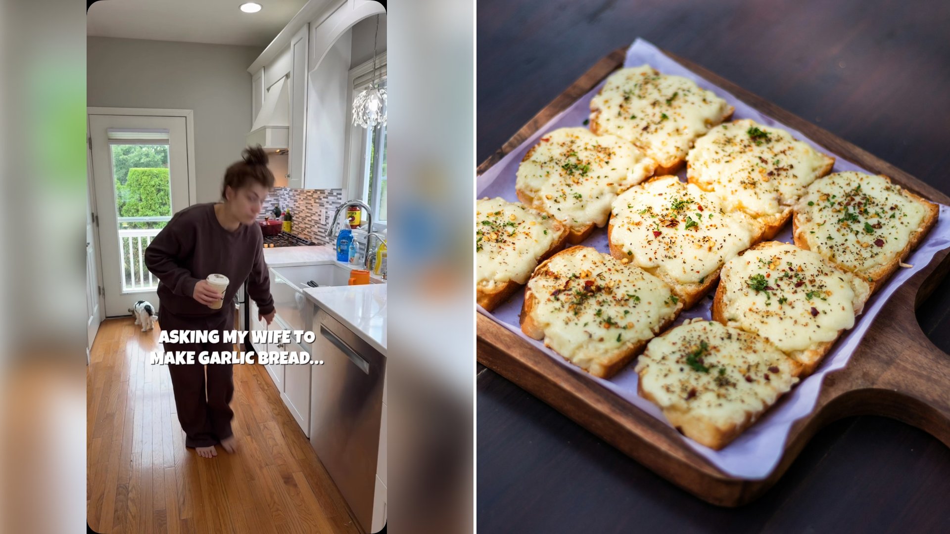 Left: cover still from an Instagram reel by @. Right: Garlic bread toasties on a brown wooden tray (Unsplash photo by Jay Gajjar).