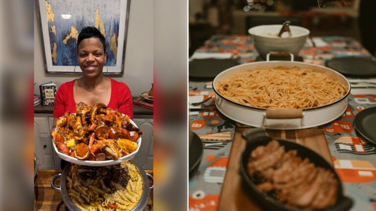 Left: cover still from an Instagram reel by @. Right: A table topped with plates and bowls of food (Unsplash photo by Olivier Amyot).